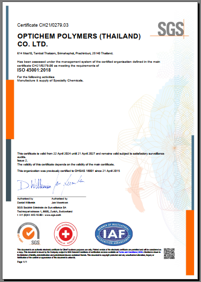 ISO 45001-2018 OPTICHEM Polymers (Thailand) Co Ltd