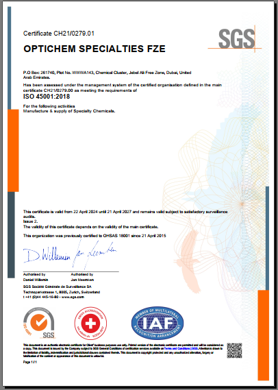 ISO 45001-2018 - OPTICHEM Specialties FZE